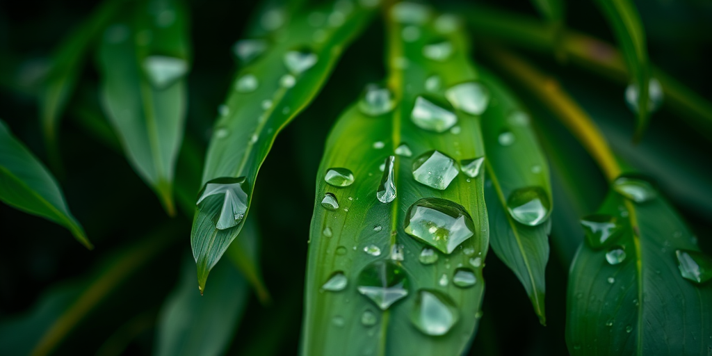 Close-up of green leaves with raindrops on them, shallow depth of field, f/2.8 aperture, 50mm lens, ISO 100, natural light, DSLR camera.