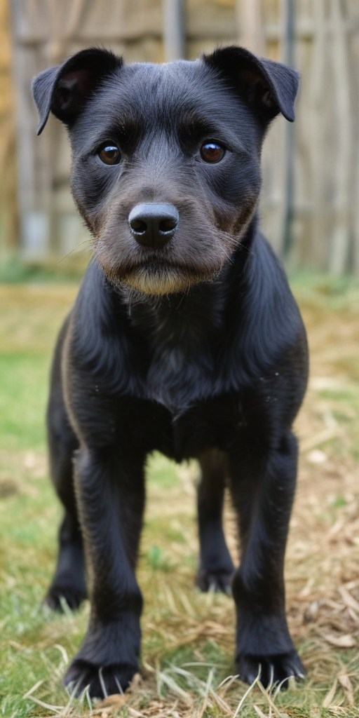Adorable Black Dog Stands Proudly in a Lush Green Backyard