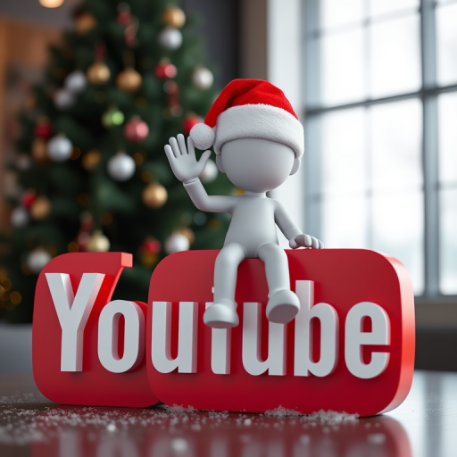 Create an image of a 3D character waving while sitting on a large red YouTube logo with a Santa hat, using a DSLR camera with a 50mm lens, f/1.8 aperture, ISO 100, and soft natural lighting to enhance image quality.