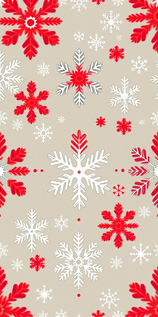 Create a seamless pattern of red and white snowflakes on a square background, high-resolution, taken with a DSLR camera at 50mm lens, aperture f/8, ISO 100, natural lighting.
