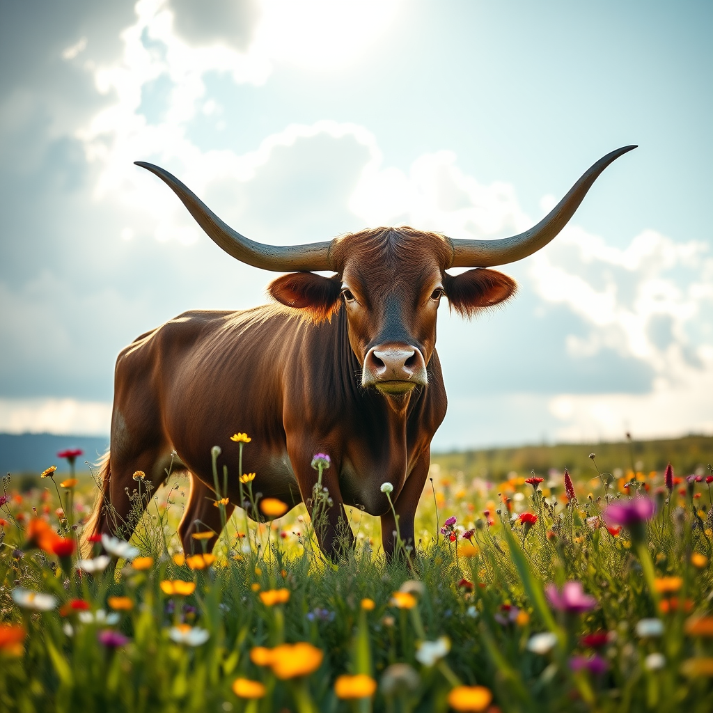 create a hyper-realistic image of a longhorn bull standing majestically in a vibrant meadow filled with wildflowers, soft sunlight illuminating the scene with dramatic clouds in the background, use a Canon EOS R5 camera, set aperture to f/4, shutter speed at 1/200s, ISO 100, shoot from a 50mm lens at eye level to enhance details and depth of field, ensure high-resolution quality and vivid colors