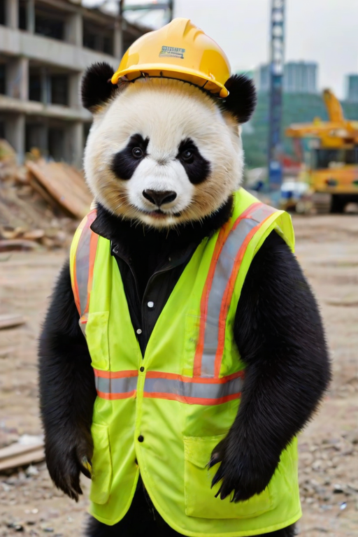 The image is a high-resolution photograph of a charming panda named Huahua, depicted standing on a bustling construction site. Huahua has her distinctive black and white fur, and she is dressed in a bright yellow construction helmet and a reflective safety vest, adding to her professional appearance. The helmet has a small logo on the front, and the vest is detailed with reflective stripes, creating a realistic construction look.