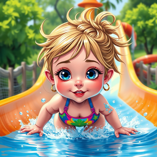 A sassy caricature toddler girl with medium highlighted hair in a messy braid, light eyes, fluffy long lashes, silly funny faces, wearing a colorful swimsuit, going down a waterslide face first, lots of water, created in highlighted chalk style, vibrant colors, background is a park with acrylic paint, airbrush