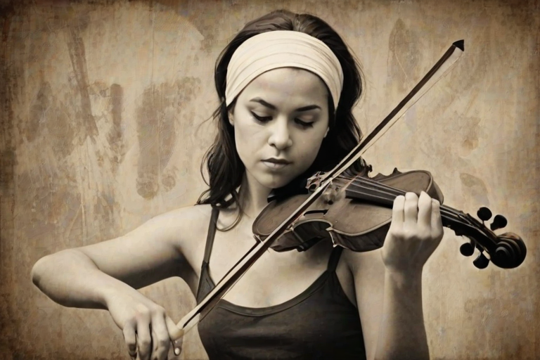 a young M'tis woman with a white headband playing a violin, in the style of a charcoal drawing, sepia grunge background