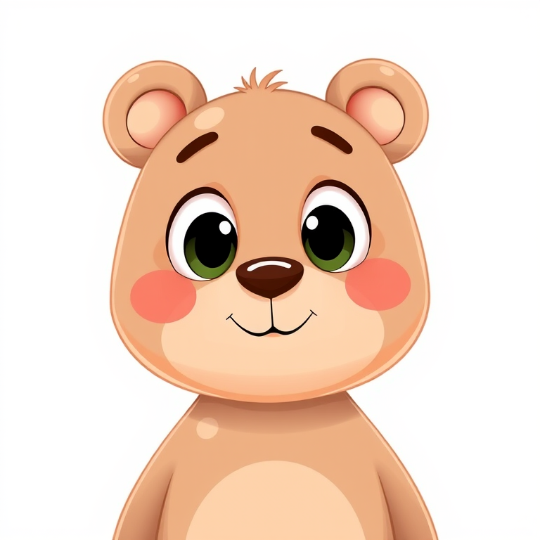 Create a cute cartoon bear character with large expressive eyes, soft rounded features, and a smiling face, set against a clean white background, captured with a Canon EOS R5 camera at f/2.8 aperture, 50mm focal length, and ISO 100 for optimal clarity and detail.
