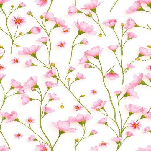 Create a seamless pattern featuring delicate pink flowers with green stems on a white background. The flowers should vary in size and orientation for a natural look.