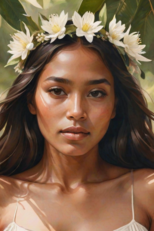 create a watercolor painting of an ethereal portrait of beautiful Guarani woman with a simple white flower crown on her head. Her hair is long and she is lying on the ground. The sunlight on the trees casts shadows from the leaves on her face and body. The background is a neutral brown color that matches her skin tone. The image is minimalist and solid colors. This style is characterized by soft, delicate brushstrokes and a light, airy, contrasting color palette. High level of detail and play of light