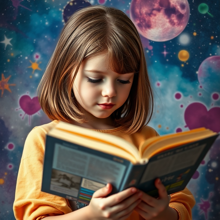 A young girl with shoulder-length hair reading a book, surrounded by a dreamy galaxy background with colorful splashes of watercolor, captured with a DSLR camera, f/1.8 aperture, ISO 200, 50mm lens, in soft natural lighting to enhance image quality.