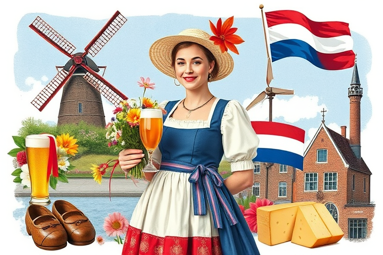 Create an illustrated collage featuring a Dutch woman in traditional dress holding flowers, a windmill, a glass of beer, a wheel of cheese, wooden clogs, the Dutch flag, and an old building, using a Canon EOS R5 with a 50mm f/1.8 lens, aperture set to f/8, ISO 100, shot in vibrant colors and high detail.
