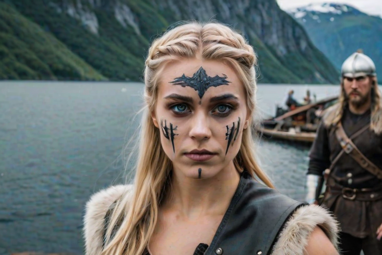 Instagram selfie of a nordic viking warrior princess with black warpaint under her eyes. There is a beautiful norwegian fjord in the background and other viking troops walking past her. She looks fierce and beautiful yet calm