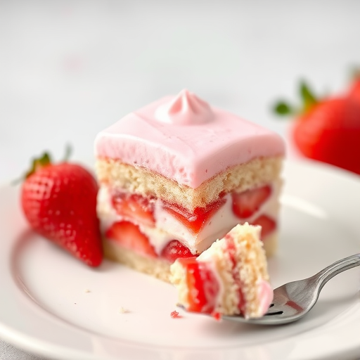 A slice of layered strawberry dessert with a pink whipped topping sitting on a white plate next to a fresh strawberry and a fork with a bite taken out of the slice, soft focus background.