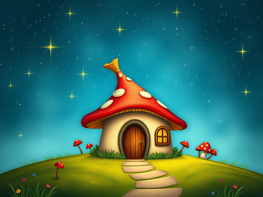 create illustration of a mushroom house with a door and a window, a storybook , fantasy art, mushroom house, bg starry sky, sparkles