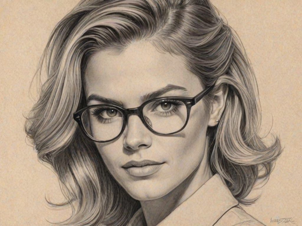 Enticing Samantha Ponder, pencil sketch, portrait of Stunning woman 1945s in glasses, hair style beatnik, outline, clear lines, fine lines, 8k