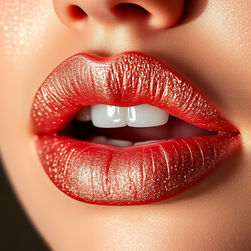Glittering rose gold lips catching the light, three-dimensional texture with micro-shimmer, plush and pillowy appearance, glamorous and eye-catching Champagne Fizz Glitz style