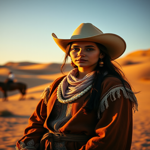 Dramatic photo of a beautiful Uyghur woman, classic cowboy attire, confident and free spirit expression, half-length portrait, centered, golden hour desert landscape, warm, diffused light, low angle, medium format film camera, in style of Annie Leibovitz.