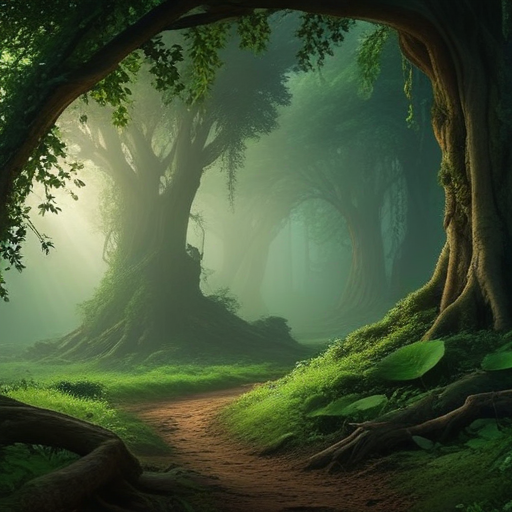 Enchanted Forest Pathway Surrounded by Majestic Trees and Soft Light