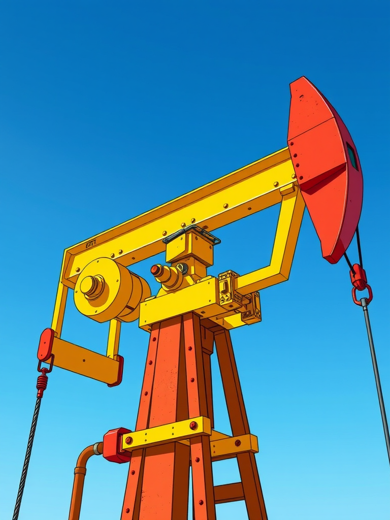 create a detailed and colorful illustration of an oil pump jack in a cartoon style against a clear blue sky, highlighting the mechanical parts with vibrant yellow and red colors, use a DSLR camera with a 24mm lens at f/8, ISO 100, and a slight vignette effect to enhance depth and clarity, capturing a wide-angle view for perspective.