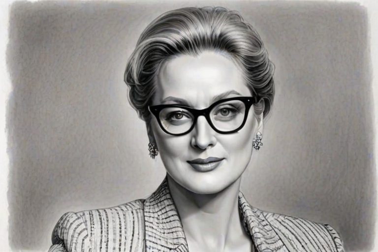 Dazzling Meryl Streep, pencil sketch, portrait of Graceful woman 1957s in glasses, hair style beatnik, outline, clear lines, fine lines, 8k