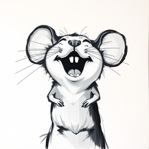 Abstract black and white acrylic portrait of an over exaggerated laughing (mouse). Minimalism style. White background.