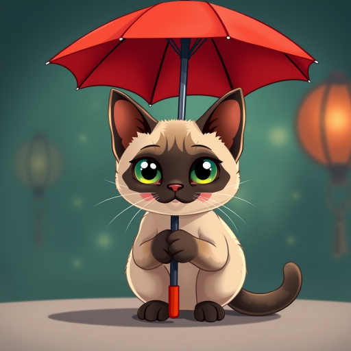 Create a high-resolution cartoon image of a Siamese cat holding a red umbrella, front view, with vibrant colors and smooth lines, using a DSLR camera, aperture f/2.8, ISO 100, 50mm lens for sharp detail.