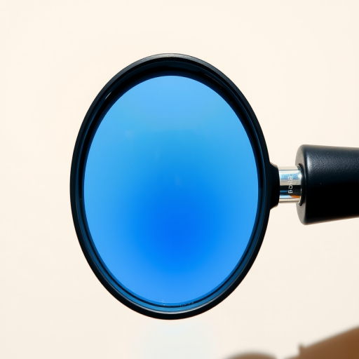 Create a high-definition vector illustration of a magnifying glass with a blue lens and a black handle, shot in bright natural light using a Canon EOS R5 with a 50mm f/1.8 lens at f/2.8, ISO 100, top-down view, ensuring sharp focus and vibrant colors.