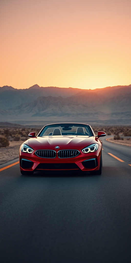 Capture a striking image of a red BMW Z4 convertible parked on a desert road with majestic mountains in the background during golden hour, using a Canon EOS R5 with a 50mm lens, aperture f/1.8, ISO 100, and a low-angle perspective for enhanced depth and clarity.