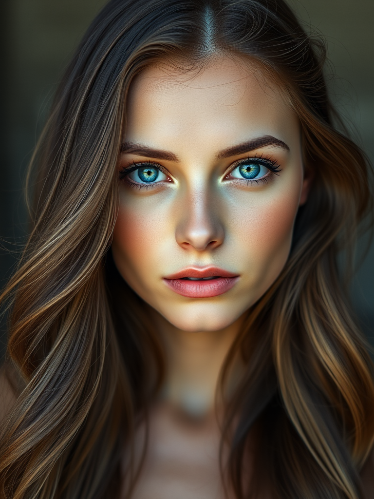Generate a hyper-realistic portrait of a young woman with long, flowing hair, bright blue eyes, and a soft, natural makeup look, shot with a Canon EOS R5 at f/1.2, ISO 100, 85mm lens, in natural light with a shallow depth of field for a dreamy background effect.