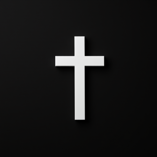 Create a high-quality image of a simple white cross on a solid black background, captured with a DSLR camera at f/2.8, ISO 100, 1/60 sec, top-down view, using a macro lens for enhanced clarity and detail.