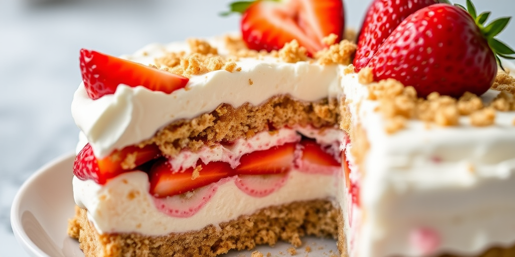 A close-up shot of a delicious layered dessert featuring whipped cream, strawberries, and a crumbly crust, with a slice cut out to reveal the layers inside, garnished with fresh strawberries and crumbs on top, with a soft focus background.