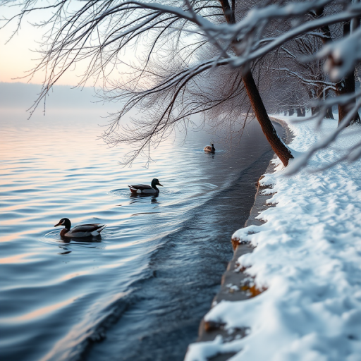 snowy lakeside at dawn with gentle waves and ducks swimming, taken with a Canon EOS R5, 24mm lens, aperture f/8, ISO 100, 1/200 sec, soft pastel colors, serene atmosphere, focus on the water and snowy branches