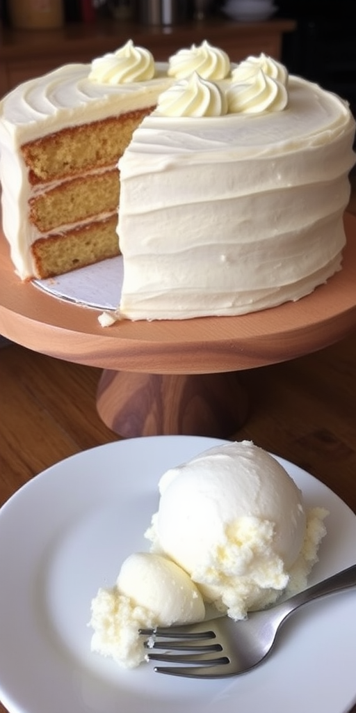 A delicious layered cake with cream frosting on a wooden cake stand with a slice removed served beside a scoop of ice cream on a plate with a fork resting next to it and a cozy kitchen setting in the background.