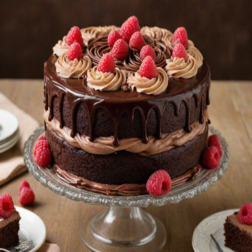 Create an image of a three-layer chocolate cake with smooth chocolate frosting between the layers. The top is adorned with fresh raspberries and chocolate swirls. Place the cake on a clear glass cake stand. Surround the cake with a few decorative cupcakes topped with caramel and cream. The background should be a soft, neutral color to keep the focus on the cake.
