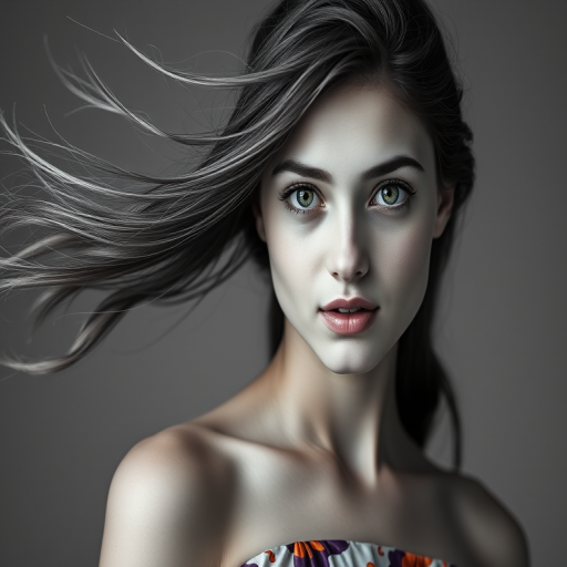 Photographic image of a beautiful young Tajik woman, green eyes, lips with white lipstick, long hair fluttering in the wind and wearing a silk strapless dress with a soft purple and orange print. monochrome image with only color highlights in the iris of the eyes, lipstick and dress. Gray background.