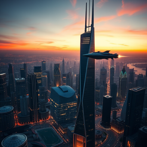 futuristic cityscape at dusk featuring a sleek tower with a spaceship flying nearby, high dynamic range, ISO 100, aperture f/8, shutter speed 1/250s, 24mm lens, aerial view, high-resolution digital photography