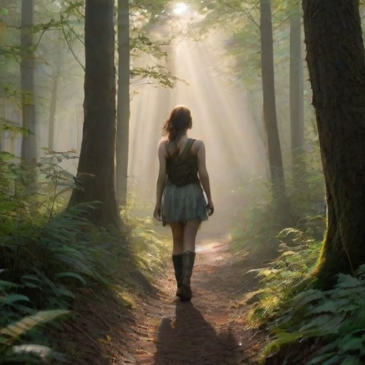 Misty forest at dawn, the sun barely peeking through the dense trees, a woman walks along a narrow path, her boots crunching softly on the leaves as she breathes in the fresh, crisp air.
