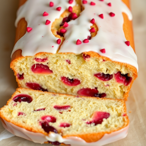 A delicious loaf cake with a light golden crust and a moist interior filled with pieces of red fruit, topped with a creamy white icing and sprinkled with small red bits, showcasing a slice cut from the loaf to reveal its texture and color.