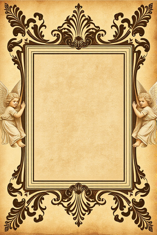 vintage ornate frame design with angels on a textured parchment background, DSLR camera, 50mm lens, f/4 aperture, ISO 100, captured in soft natural light, slight vignette effect