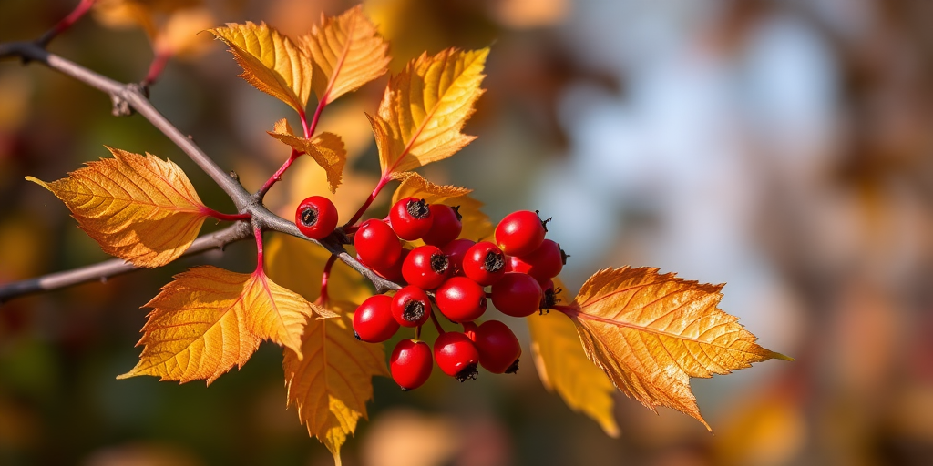 Capture a close-up of a branch with red berries and autumn leaves using a Canon EOS 5D Mark IV with a 50mm f/1.8 lens, aperture set to f/2.8, ISO 100, and a shutter speed of 1/200 sec in natural light for enhanced detail and color vibrancy.