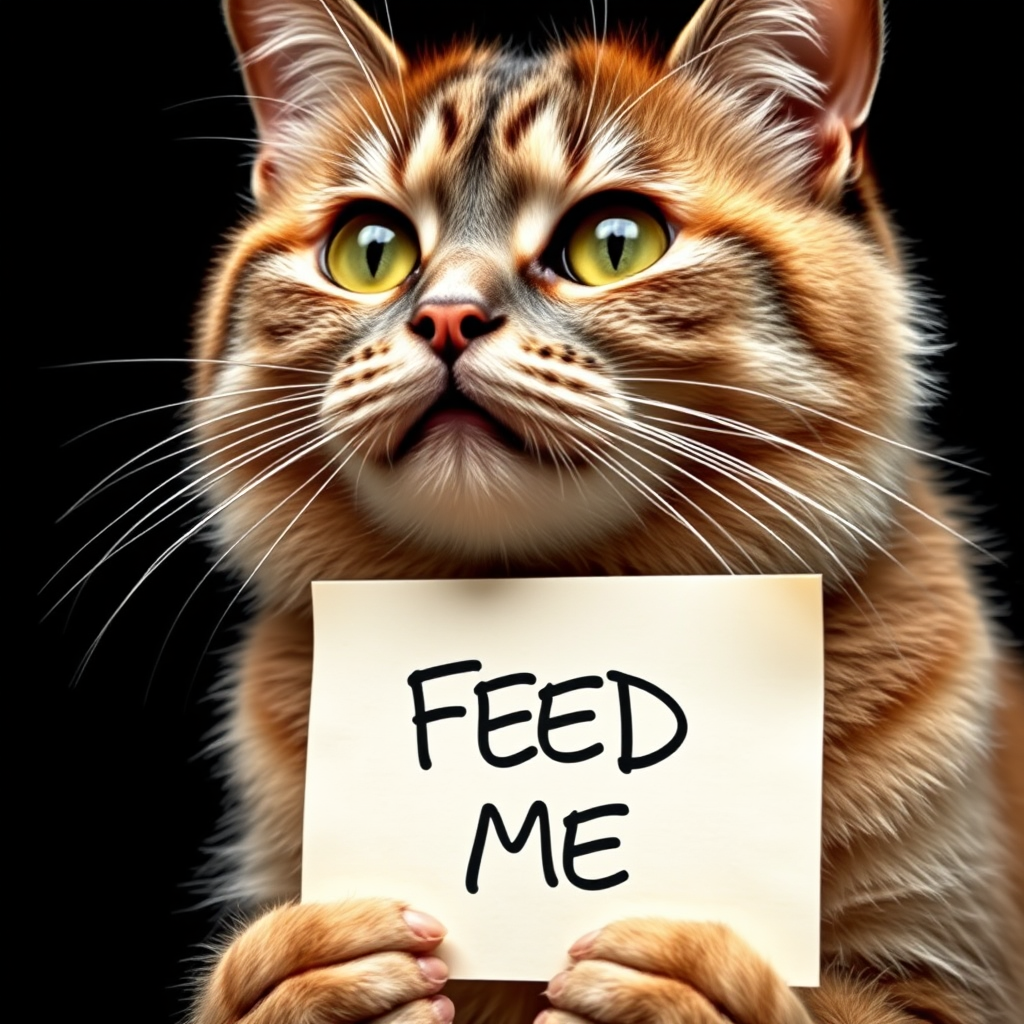cat holding a note which says "FEED ME"