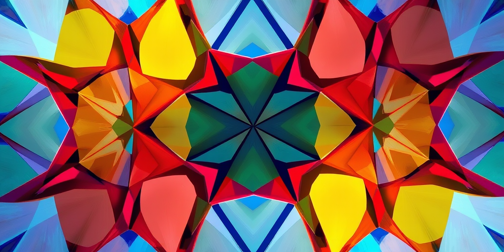 Generate an abstract geometric pattern with vibrant colors and sharp contrasts, using a Canon EOS 5D Mark IV camera at f/8, ISO 100, 1/125 sec, wide-angle view, studio lighting setup for enhanced clarity and depth.