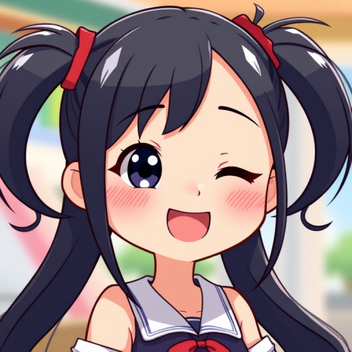 Create a vibrant digital illustration of a cartoon character with long black hair in pigtails and a cheerful expression, using a 50mm lens at f/2.8, ISO 100, in bright daylight, with a slight soft focus background to enhance the character's features.