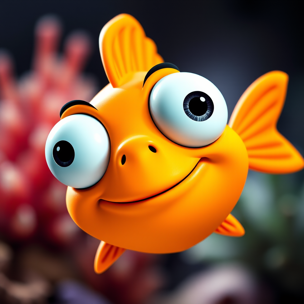 Create a vibrant cartoon-style image of a cheerful orange fish with exaggerated features, using a high-resolution digital camera at 24mm lens, f/2.8 aperture, ISO 100, with a shallow depth of field and bright lighting to enhance the colors.