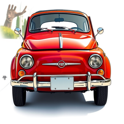 Create a detailed illustration of a red vintage car resembling a Fiat 500, captured from a slightly angled front view with a shallow depth of field, using a DSLR camera at f/2.8 aperture, ISO 100, and a 50mm lens for sharp detail and vibrant color contrast.