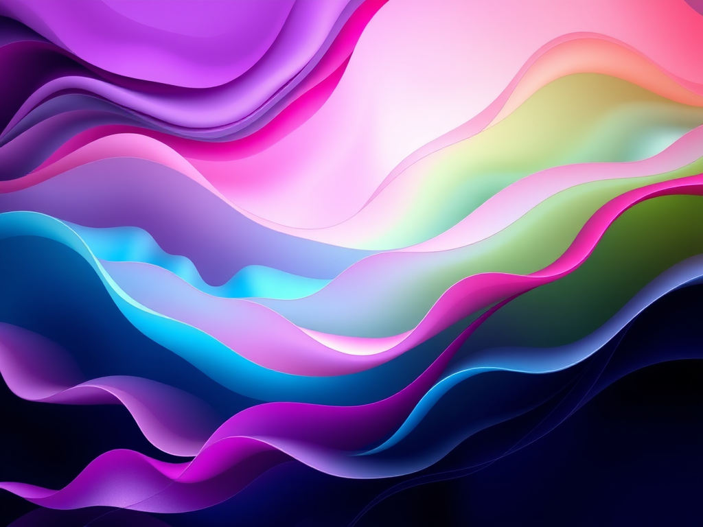 Create a vibrant abstract design featuring fluid, wavy layers in shades of purple, turquoise, pink, and green, with high contrast and depth, captured with a DSLR camera at f/8, ISO 100, 1/60s, wide-angle lens for a dynamic view, using a soft light to enhance color saturation.