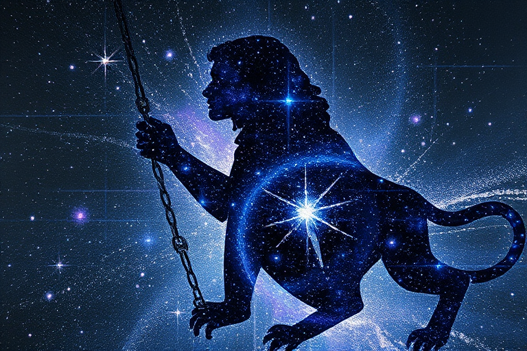 Captivating conceptual render alcohol ink art, double exposure, the paint strokes artfully merge combining a woman's full silhouette with a Swinging monkey's silhouette. The figures are composed of a series of colored dots, lines & spots that evoke the image of a cosmic galaxy, colors are deep shades of blue purple & black with flashes of white & silver representing distant stars. The woman's silhouette is formed within the lion's silhouette from constellations of scattered stars, surreal