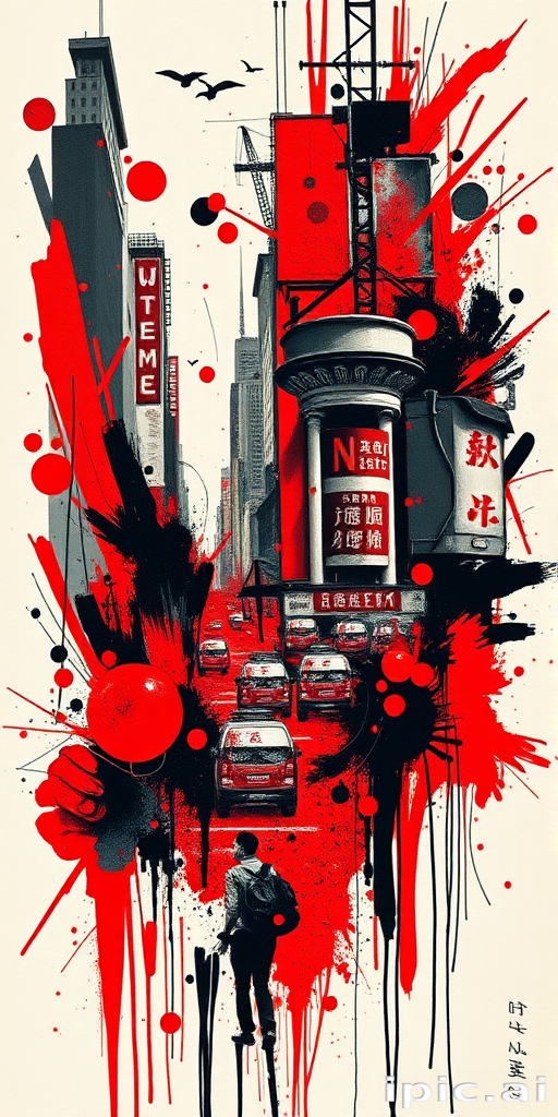 Trash polka tattoo titled "Urban Chaos" combining bold red and black elements with photorealistic imagery and abstract brush strokes to represent the energy of city life