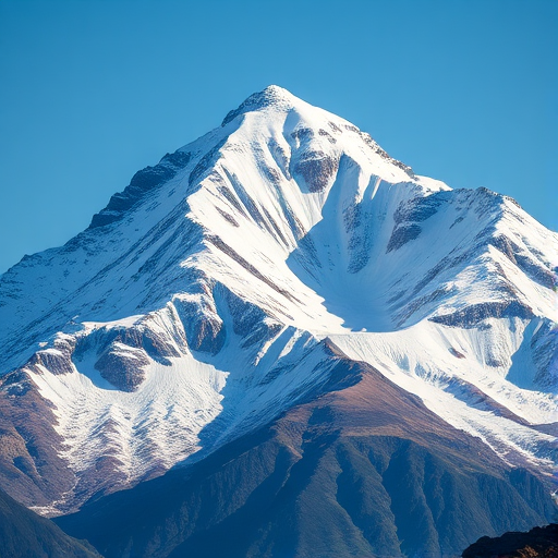 Generate a high-resolution image of a majestic snow-capped mountain with sharp peaks and clear blue sky in the background, using a DSLR camera with a 50mm lens, aperture f/8, shutter speed 1/250 sec, ISO 100, shot from a low angle to emphasize the height and grandeur of the mountain, with a vibrant color palette and high dynamic range.