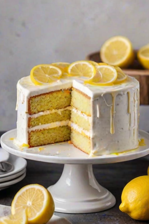 Generate an image of a multi-layered lemon cake with a smooth white frosting. The cake is displayed on a white cake stand, and a slice has been cut out to reveal the layers inside. The top of the cake is decorated with lemon slices and a light drizzle of lemon glaze. The background should be a simple, bright kitchen setting with a wooden table.