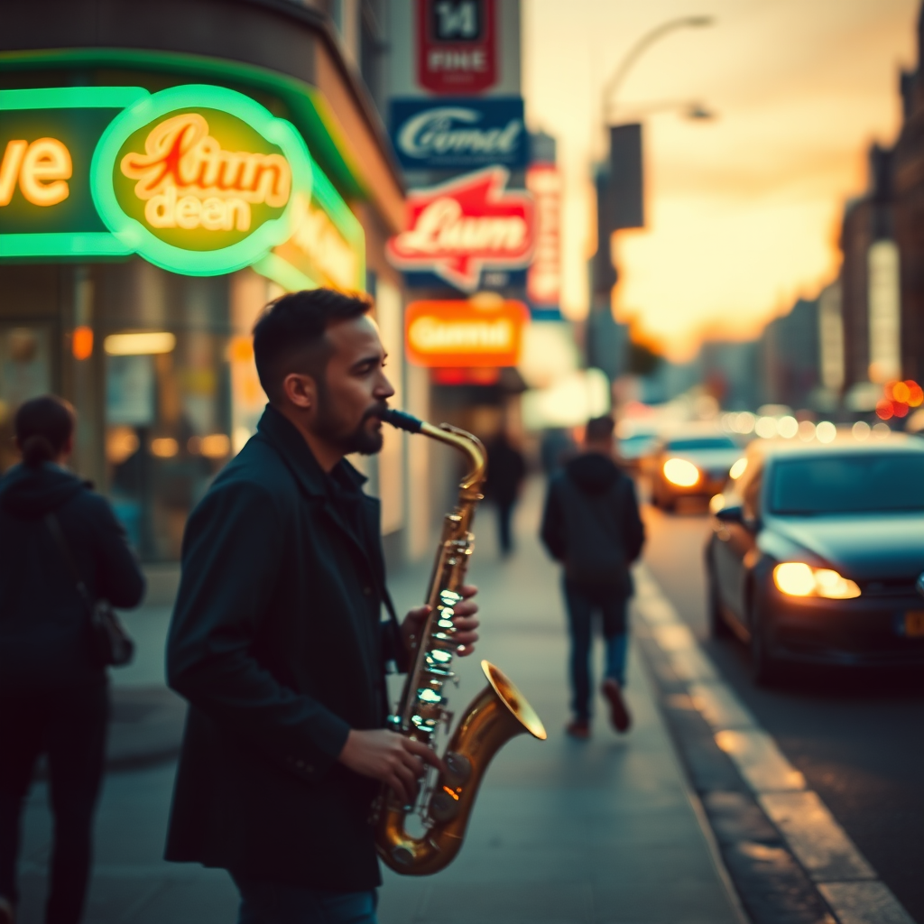 Blurry candid shot of a street performer playing a saxophone on a bustling city corner at dusk, with soft light from neon signs and passing car headlights casting long shadows on the pavement.