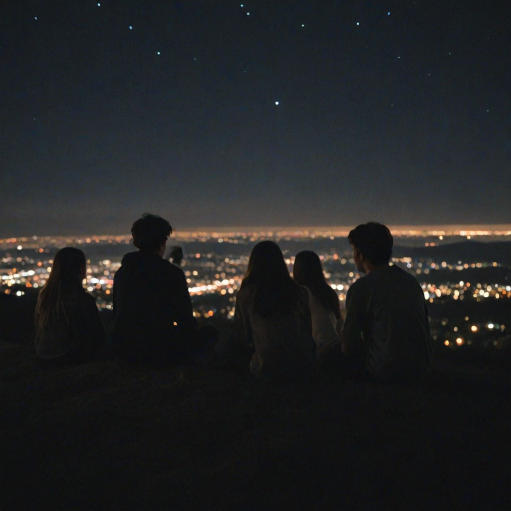 Blurry, candid shot of a group of teenagers stargazing on a hilltop at night, distant city lights twinkling below, the soft glow of a flashlight illuminating their faces, and the quiet sound of whispered conversations filling the air.